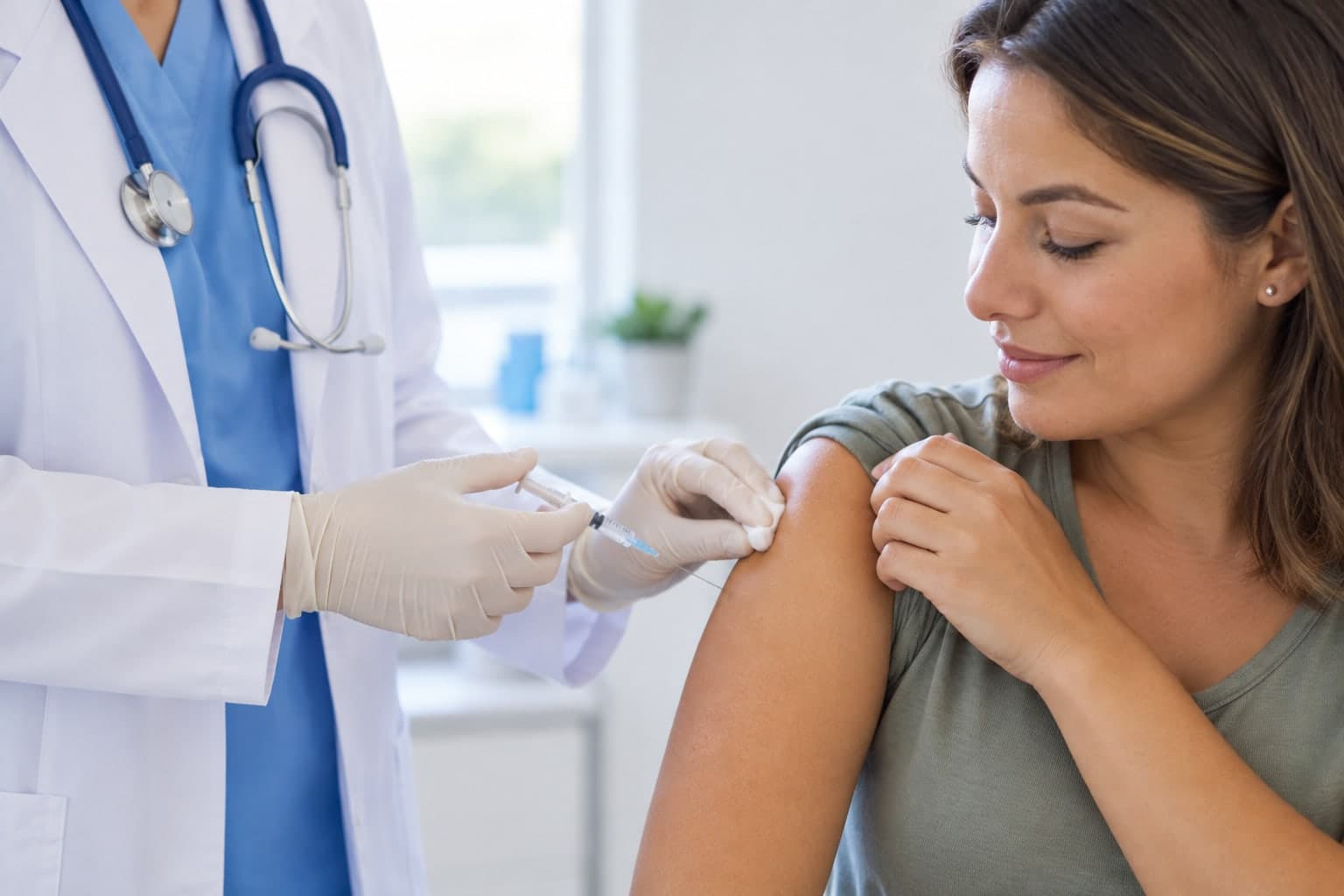 A young woman getting a shot in her upper arm
