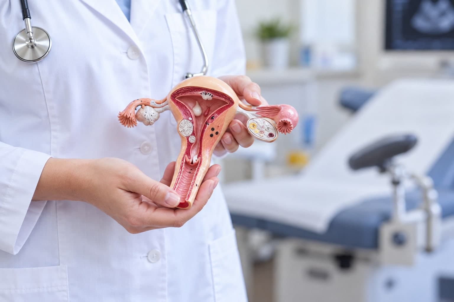 A gynecologist holding a model of the uterus and cervix
