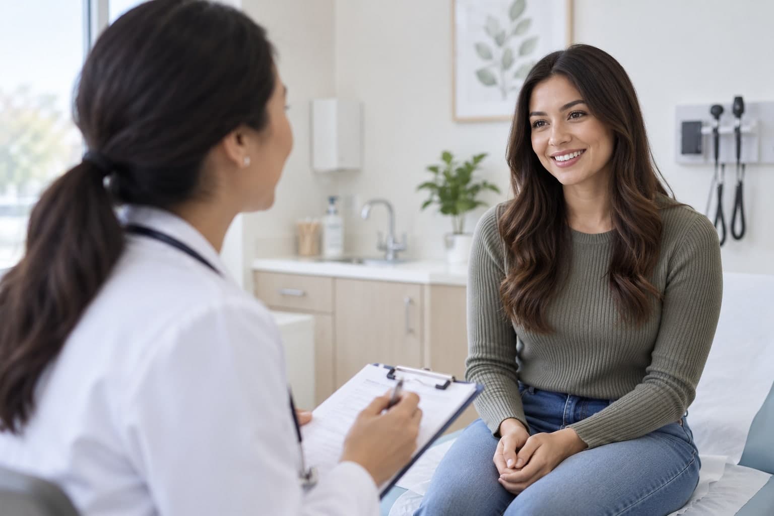 A young woman talking with her doctor in an exam room