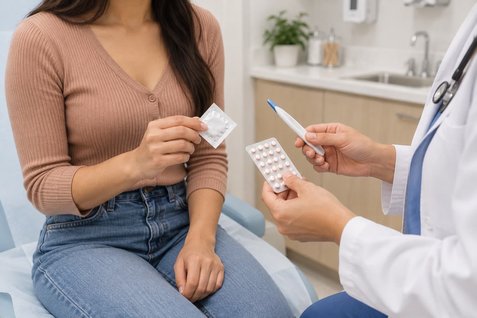 A provider showing a patient birth control pills while she holds a condom
