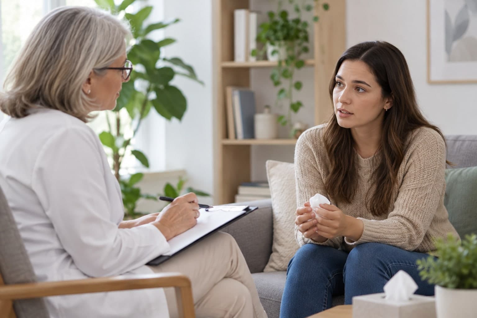 A woman talking in confidence with a provider in a calm office