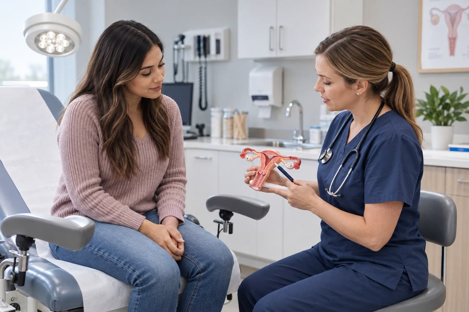 A gynecologist showing a young woman how an IUD sits in the uterus, using a model