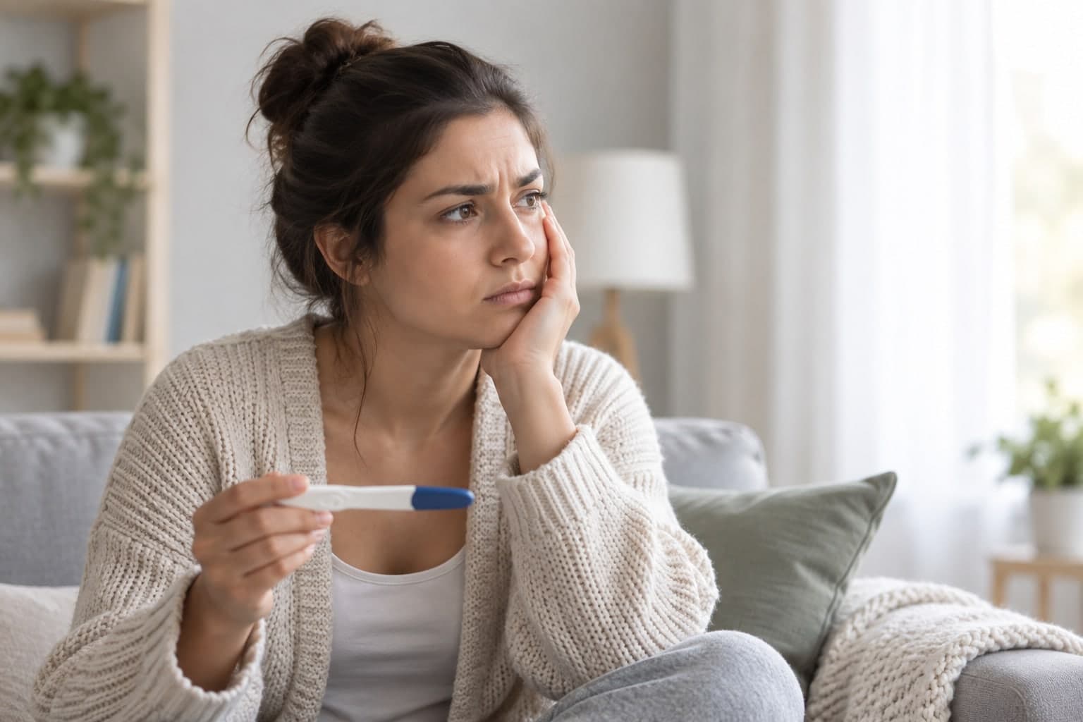 A young woman holding a pregnancy test, deep in thought
