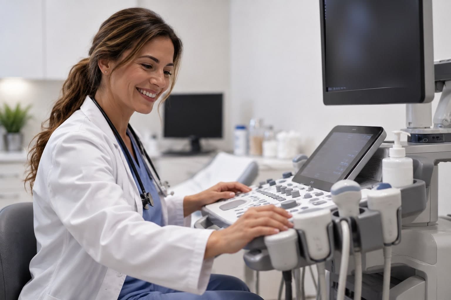 A smiling doctor at an ultrasound machine