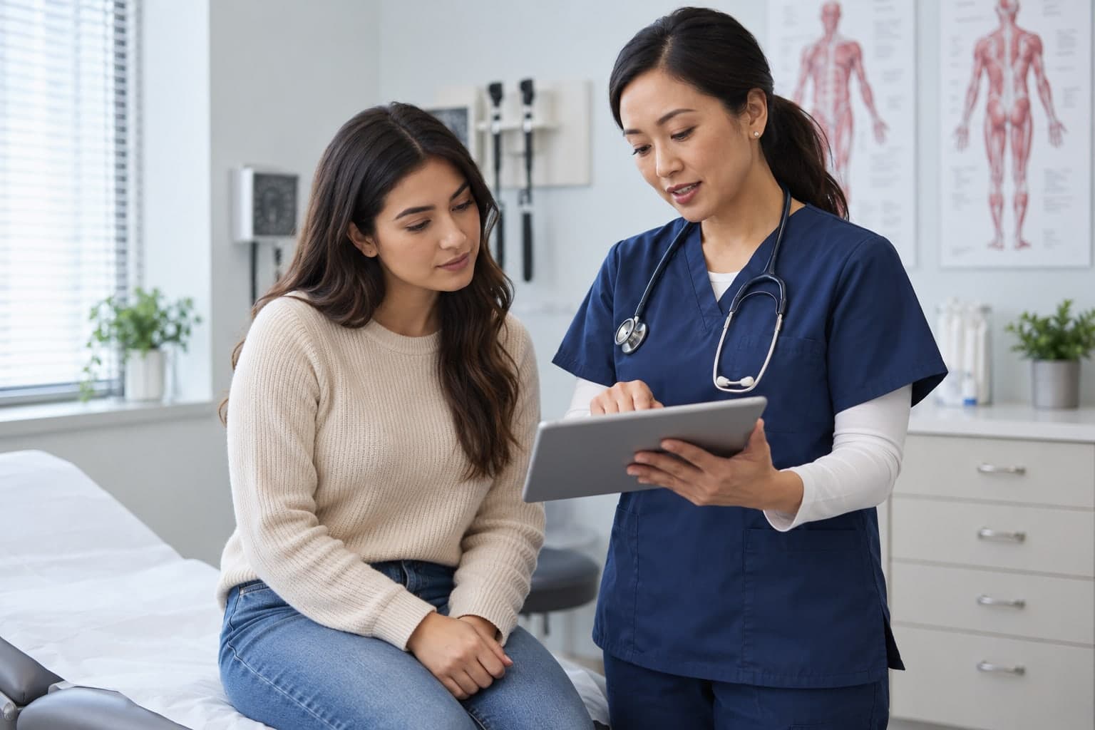 A nurse explaining the next steps to a young woman on a tablet